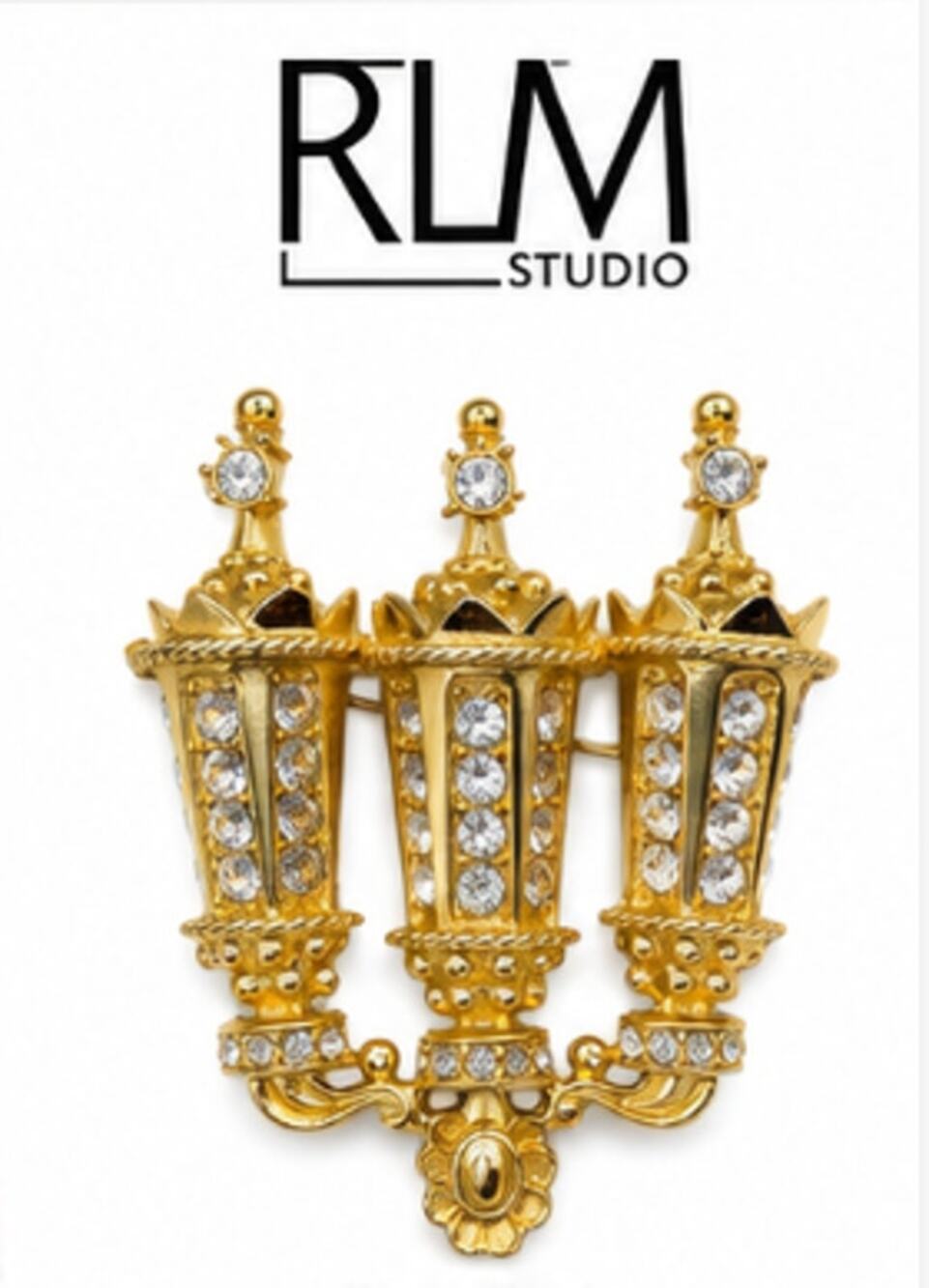 RLM Studio Robert Lee Morris Gold Tone Crystal Triple Lantern Brooch Pin